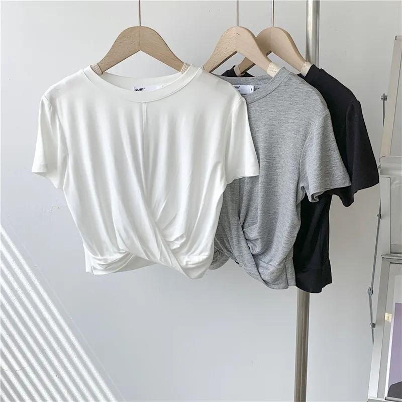 Modal Knot Short T-shirt Women's Distinctive Summer Thin Navel-exposed Short-sleeved Solid Color Top Women's Slim-fit Slimming T-shirt