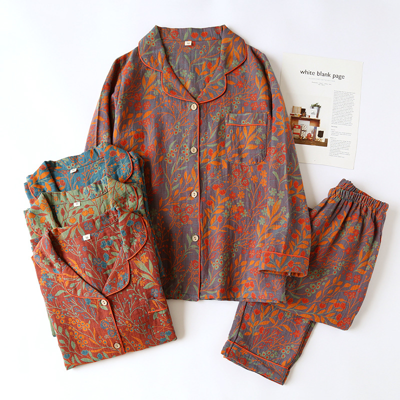 Picture of New Retro Yarn-dyed Leaf Lapel Long-sleeved Trousers Cardigan Women's Home Clothes Two-piece Cotton Pajamas