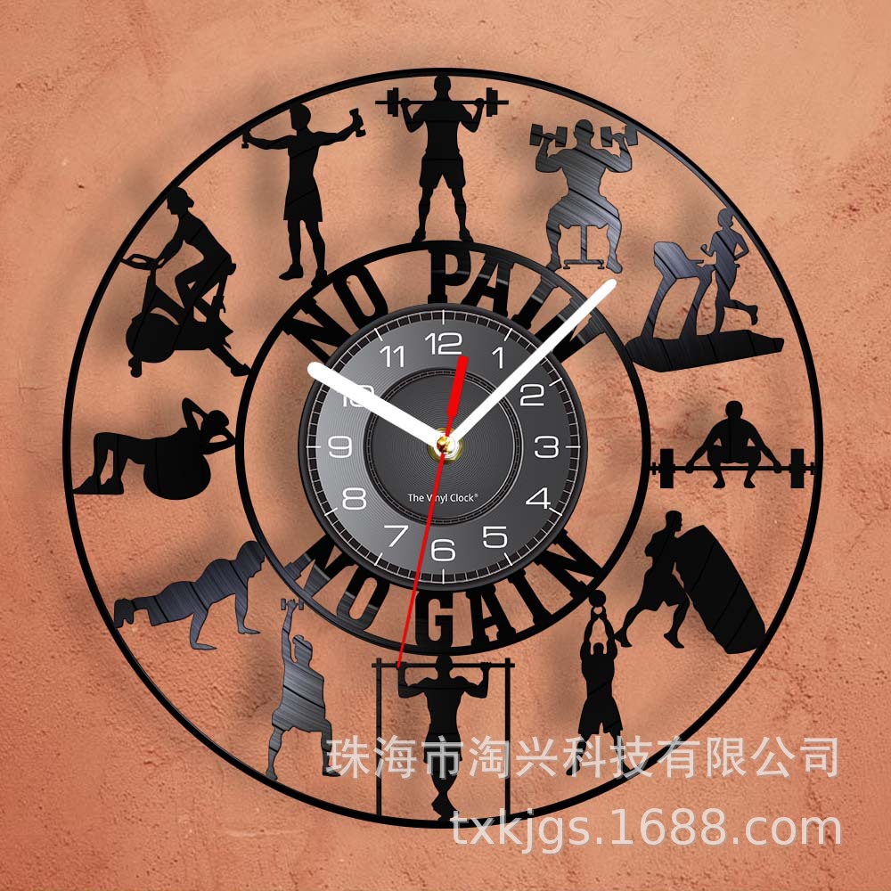 Vinyl record wall clock fitness theme creative retro nostalgic wall gym decoration clock cross border