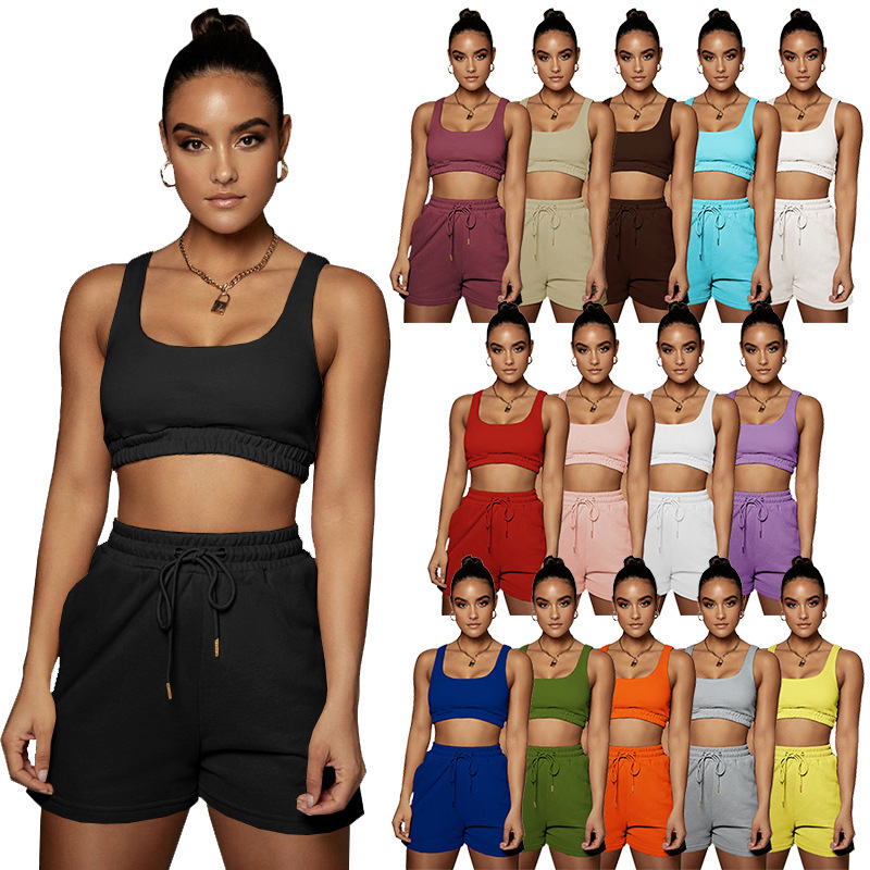 2022 European and American cross-border Women's solid color double-layer vest shorts sports navel suit European and American popular recommend