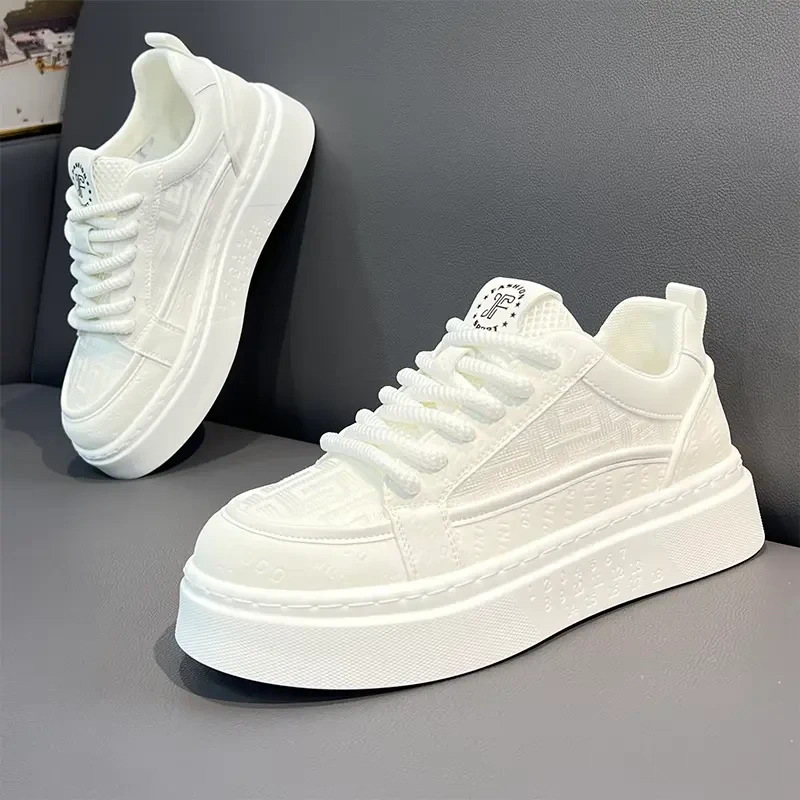 Men's Summer Breathable Trendy Versatile Casual White Sneakers for Teenagers Non-Slip Sports Thick-Soled Height-Increasing White Shoes
