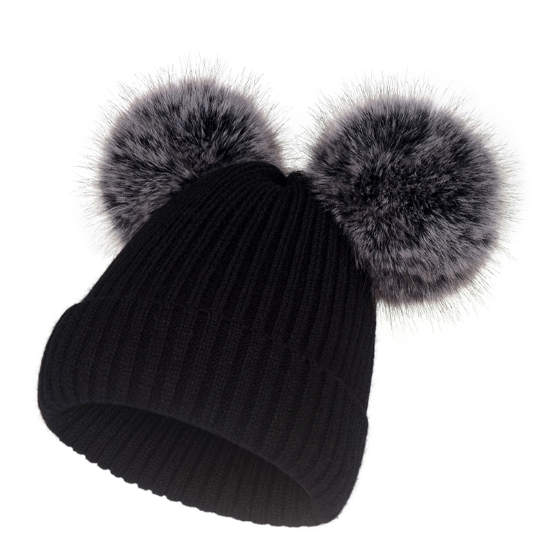 Autumn and Winter new velvet yarn wool hat grass frost color imitation Fox double fur ball knitted hat all-match warm parent-child hat