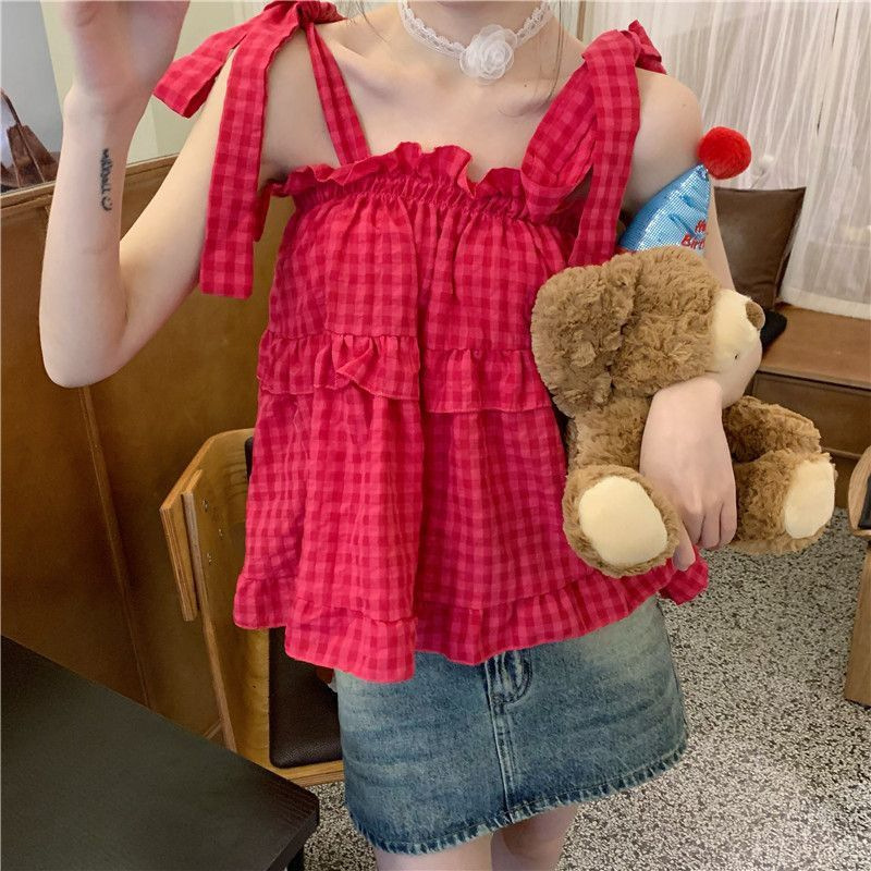 Summer Sweetheart Desire and Pure Fashion New Style Lace-up Plaid Bow Sweet All-match Sling Top