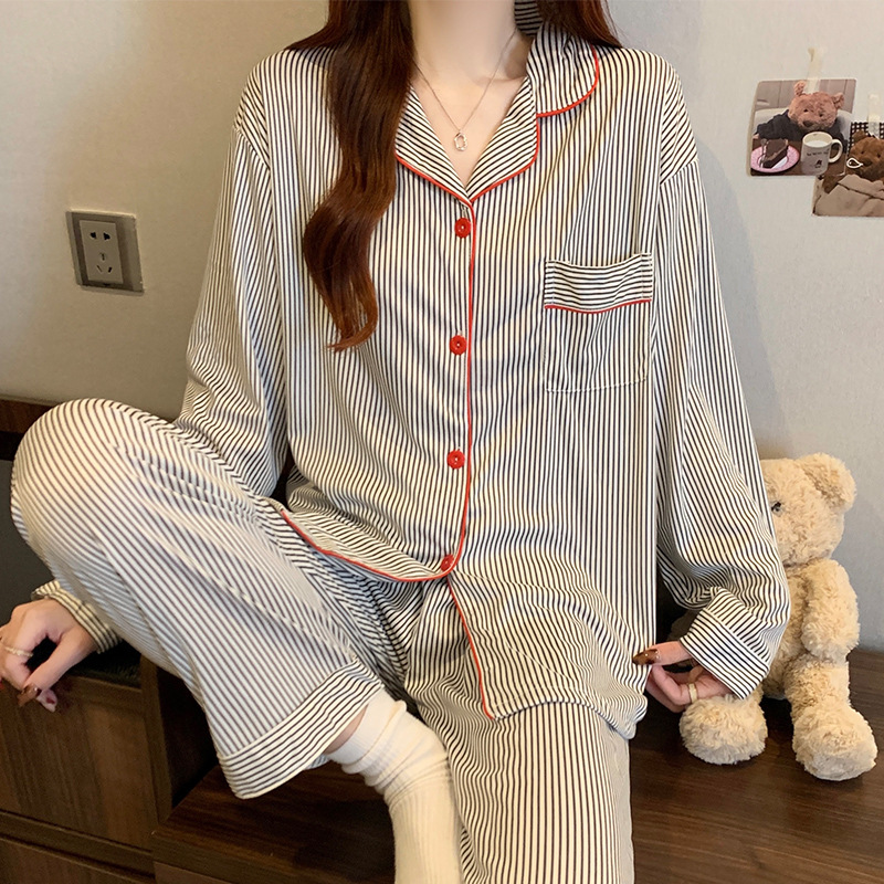 Picture of New Ins Pajamas for Women Simple Stripesd Internet Celebrity Long-Sleeved Cardigan Girl Korean Version Thin Home Wear Set Wholesale
