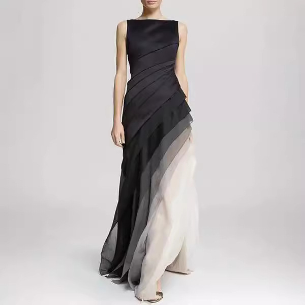 European and American gauze skirt dress multi-layer heavy-duty dress high waist long dress solid color black temperament commuter dress skirt