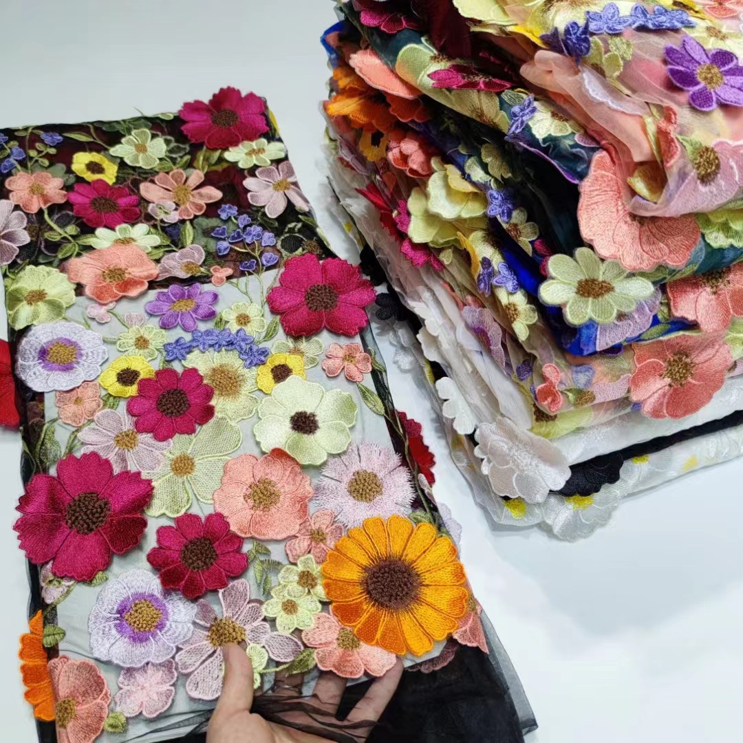 High-end fashion three-dimensional multi-color mesh embroidery fabric heavy 3D irregular applique unilateral wedding dress Chinese clothing fabric