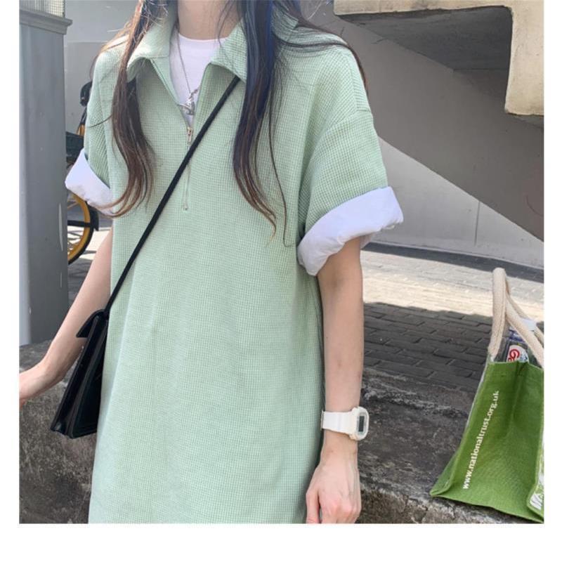 Picture of Japanese Girl's Mint Green dress Sense Niche Waffles Loose Straight Skirt Polo Collar Age-reducing Skirt