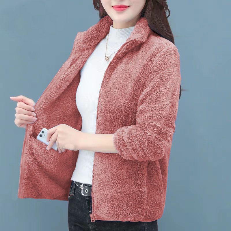 Cross-border Coat Women's Trendy Ins Winter fleece-lined Thickened Double-sided Fleece Vertical Collar Warm Sweater Women's Cardigan Zipper Trend