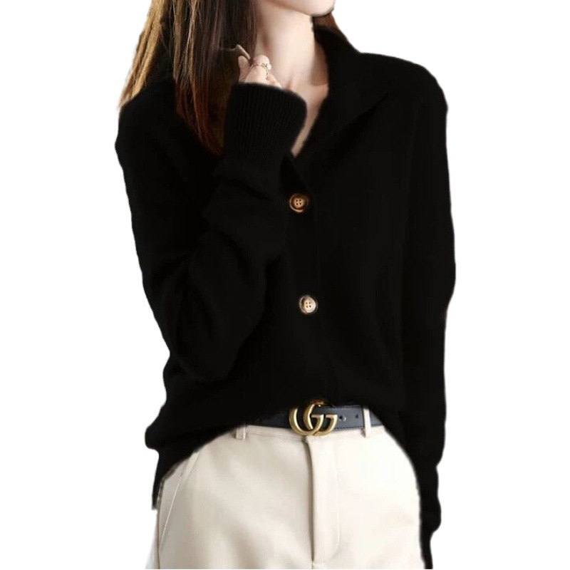 2025 Retro Spring and Autumn Solid Color New Knitted Cardigan Collar Casual All-match Loose Short Jacket for Women