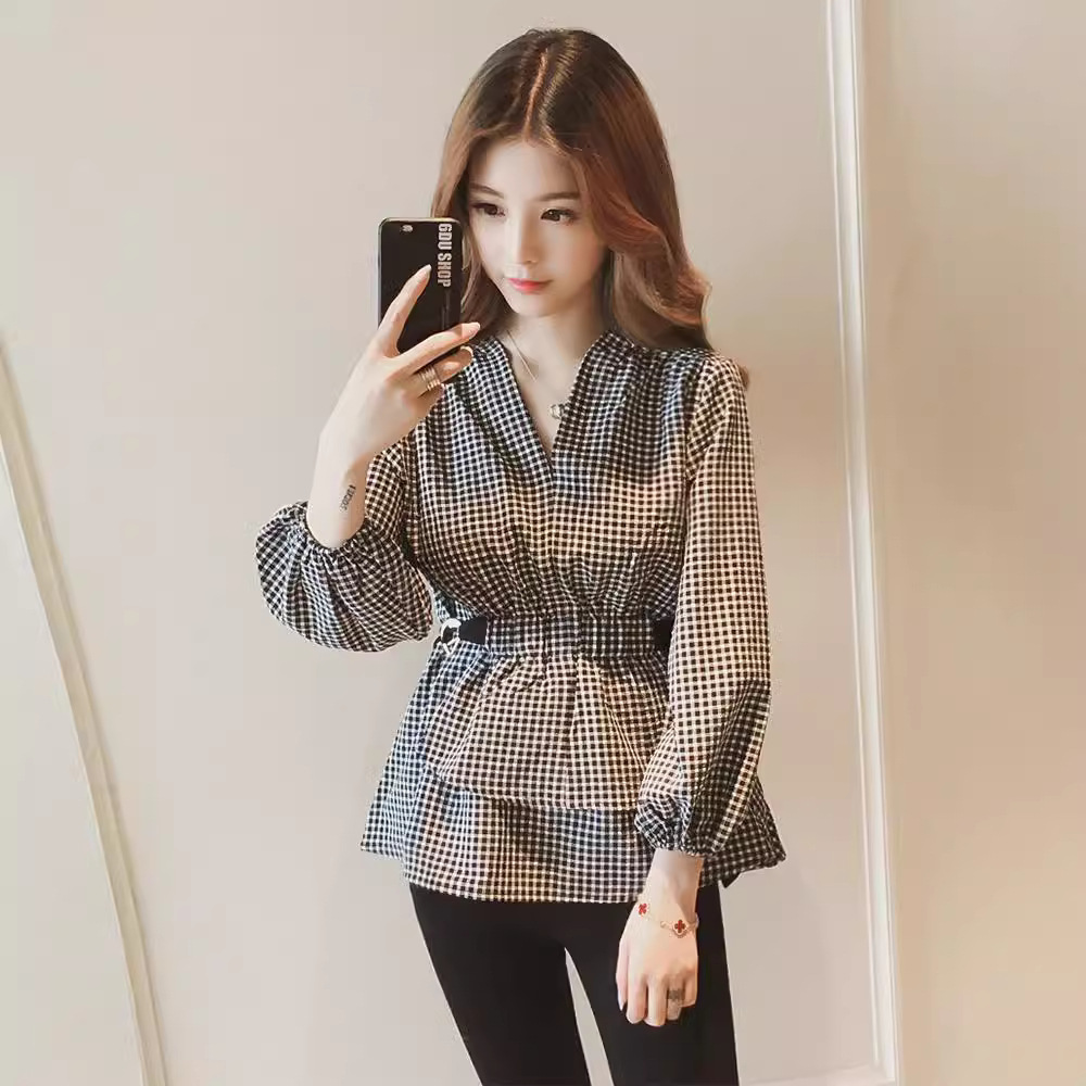 2024 Spring and Autumn New Korean Style V Neck Long Sleeve Plaid Waist Shirt Women's Small Easiest for Match Top