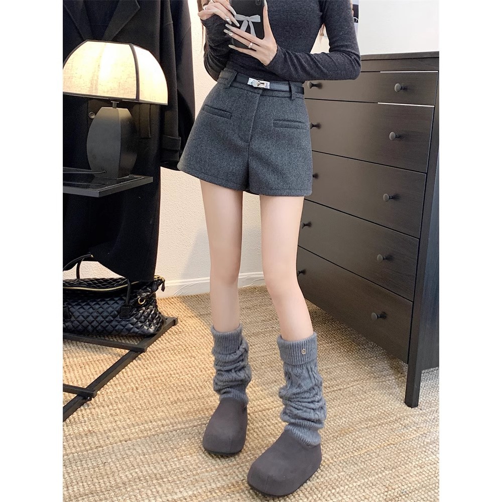 Spice Girls Solid Color High Waist Woolen A- word Casual Pants 2025 Autumn and Winter New Simple Fashion Elegant Slimming Shorts Women