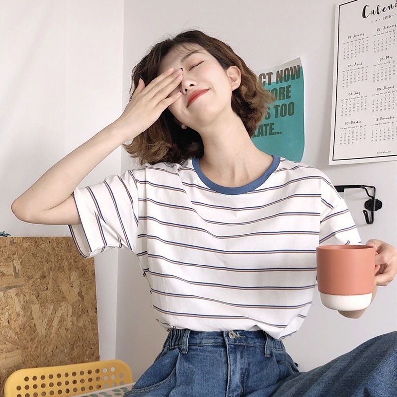 Picture of Blue Collar Color Stripesd Short-Sleeved T-Shirt for Women Summer Loose Bottoming Shirt Student Casual Top Export Women's Clothing Wholesale