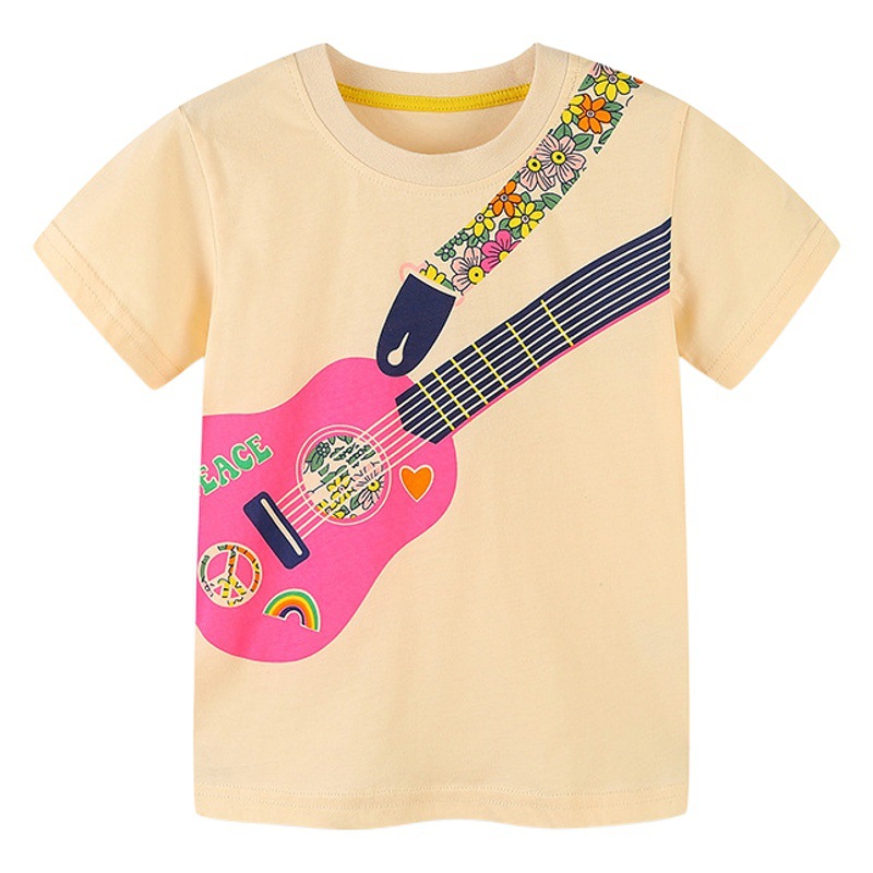 25 Summer New Girls' T-shirt Children's Guitar Printed Round Neck Top European and American Style Children's Cotton Sweatshirt