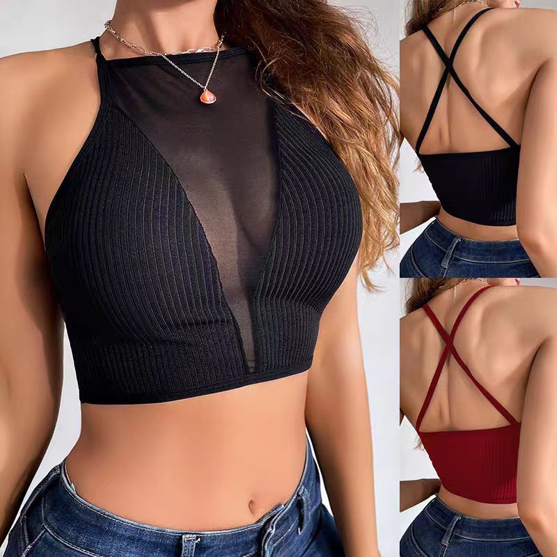 ins Style European and American Style Short vest Sexy Mesh Cut Out Cross Strap Backless Deep v Spring and Summer Knitted Suspender for Women
