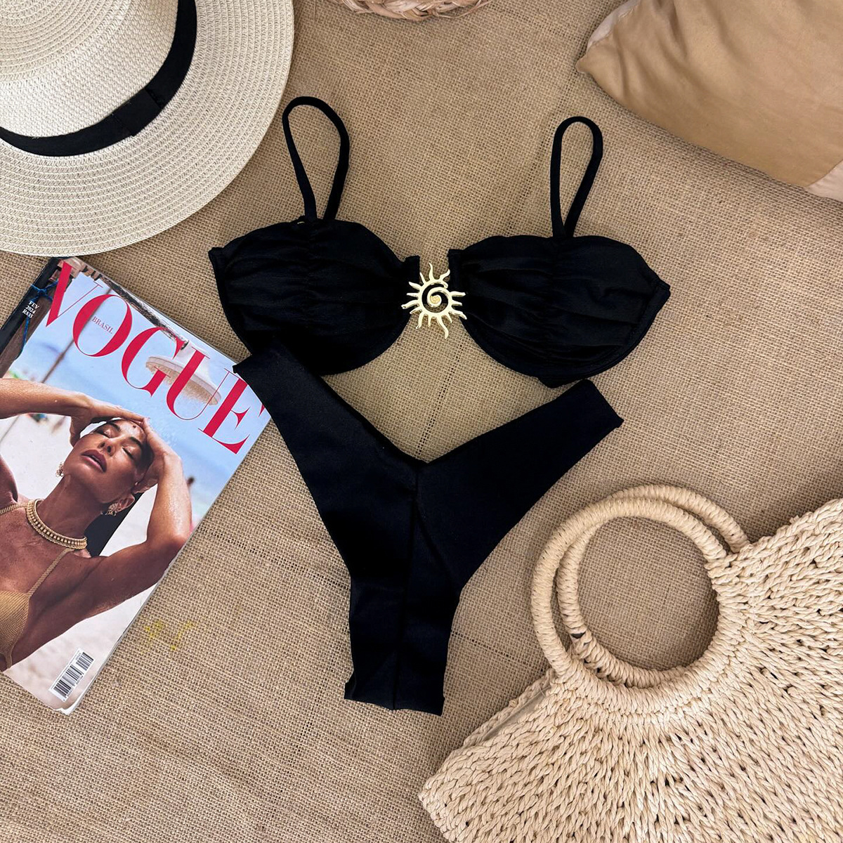 European and American 2025 New Solid Color Steel Tracer Gathering Bikini Cross-border Foreign Trade Split Swimsuit Women's Two-piece Bikini