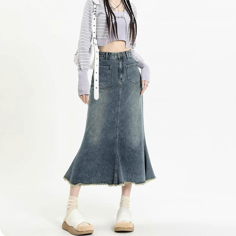 Fishtail skirt women's ins style frayed design high waist mid-length A- line skirt loose hip-covering skirt Denim skirt