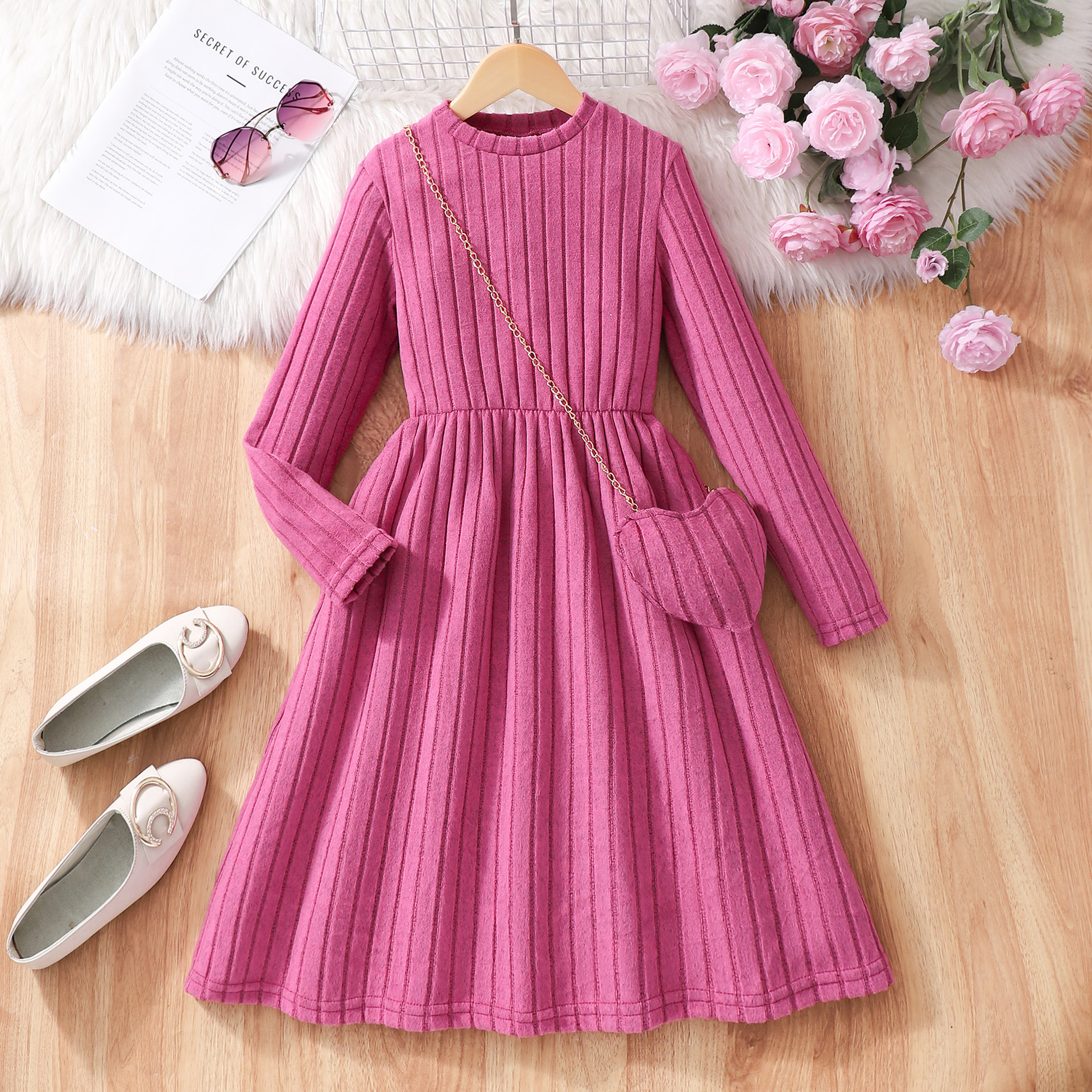 Cross-border new girls long sleeve crew neck net color pit dress bag a generation of hair