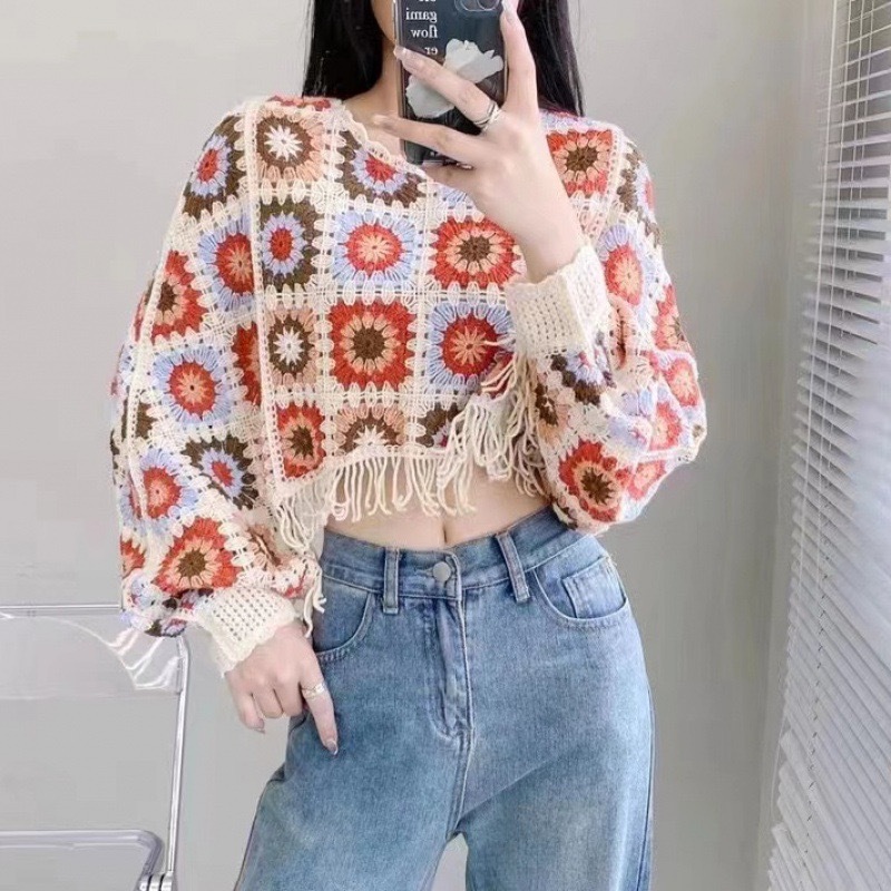 Colorful hollow crocheted batwing sleeve tassel knitted navel top hot girl Thai style loose holiday style long sleeve blouse