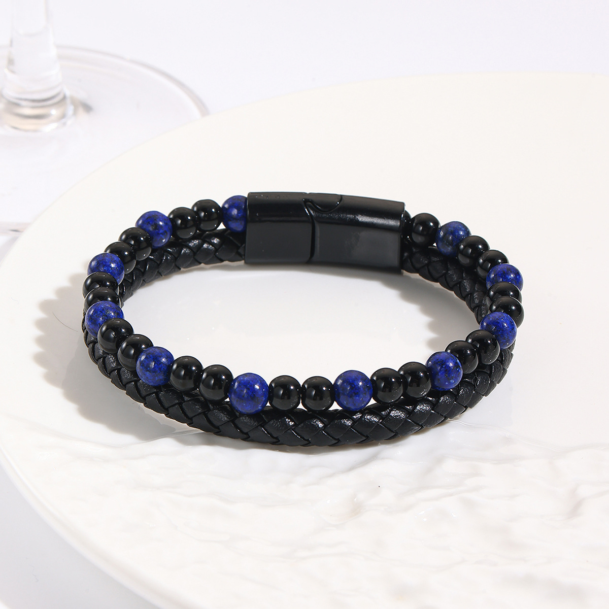 Cross-border Black Yao Volcano Tiger Eye Beaded Natural Stone Bracelet Men's Cowhide Rope Bracelet Bracelet Stringers European and American Style Hand Jewelry