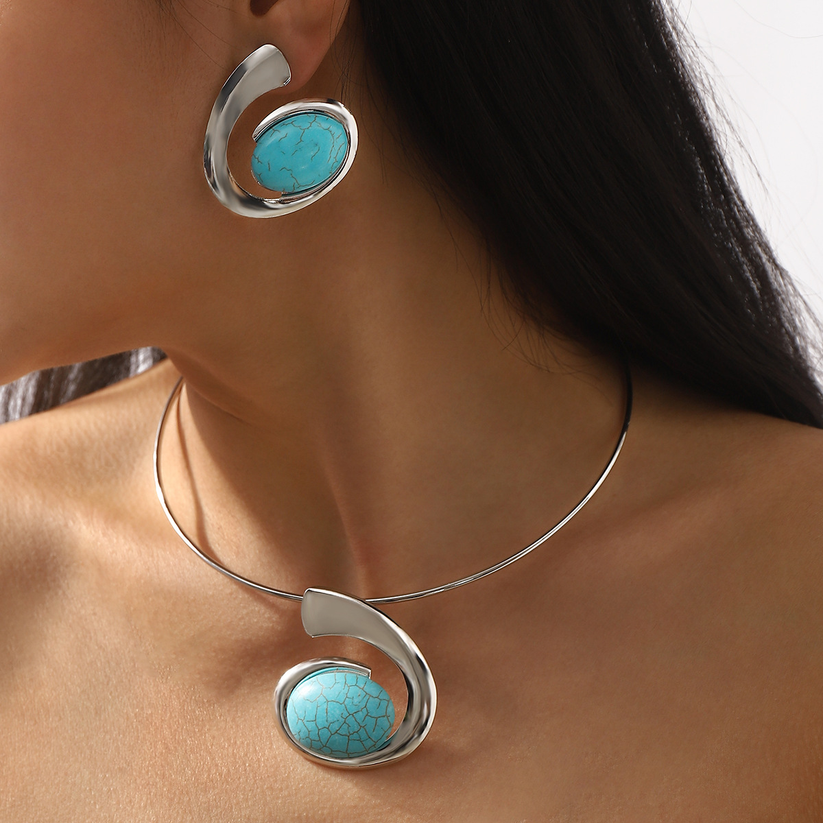 N12656 Cross-Border Retro Geometric Inlaid Turquoise Earrings Necklace Personalized Elegant Metal Collar Jewelry Set