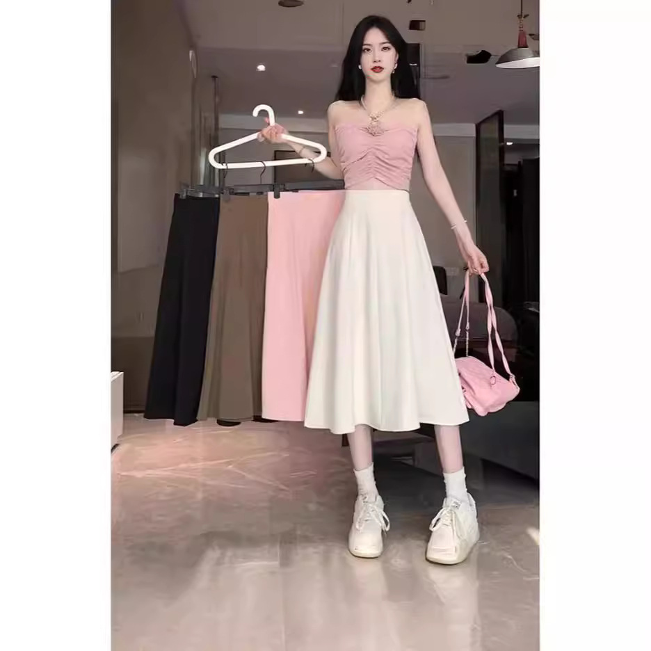 Black A- line Skirt Women's 2024 Summer Short Mid-length Skirt High Waist All-match Slimming Elegant Korean Style Skirt