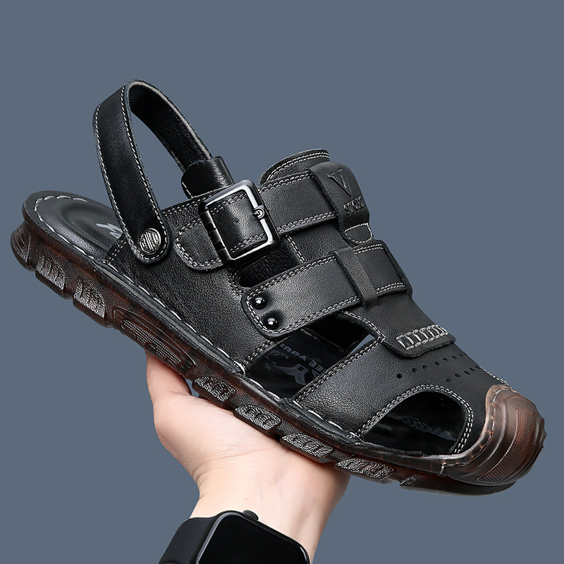 Men's Shoes Summer Top-Layer Cowhide Baotou Sandals Men's Genuine Leather Casual Outer Wear Sandals and Slippers Men's Non-Slip Beach Shoes