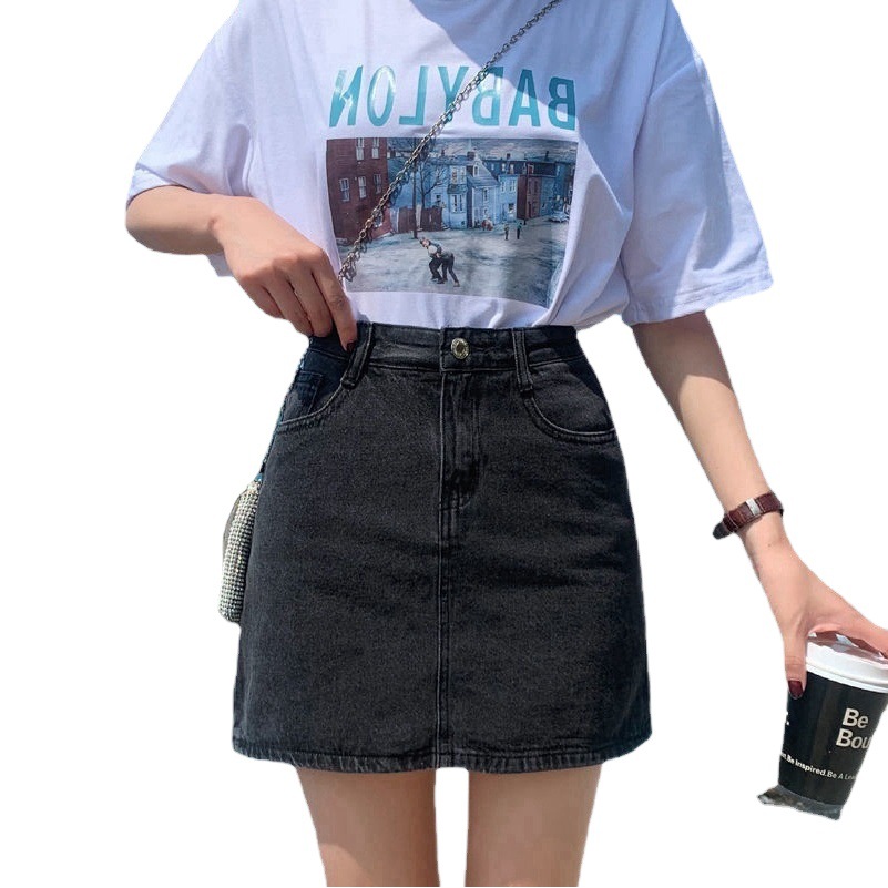 Summer New ins High Waist A- line Denim Skirt Women's Korean-style Slim Look Student Outwear All-match Hip Skirt Trendy