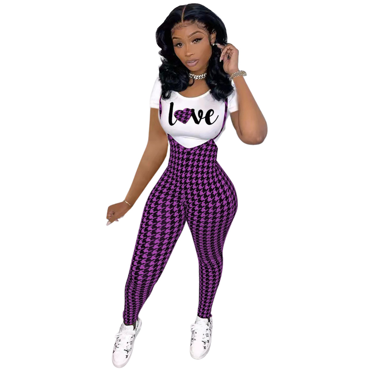 Picture of D9828 Amazon Hot Selling European and American Women's Fashion Pattern Printed Short Sleeve T-Shirt + Sling Jumpsuit Set