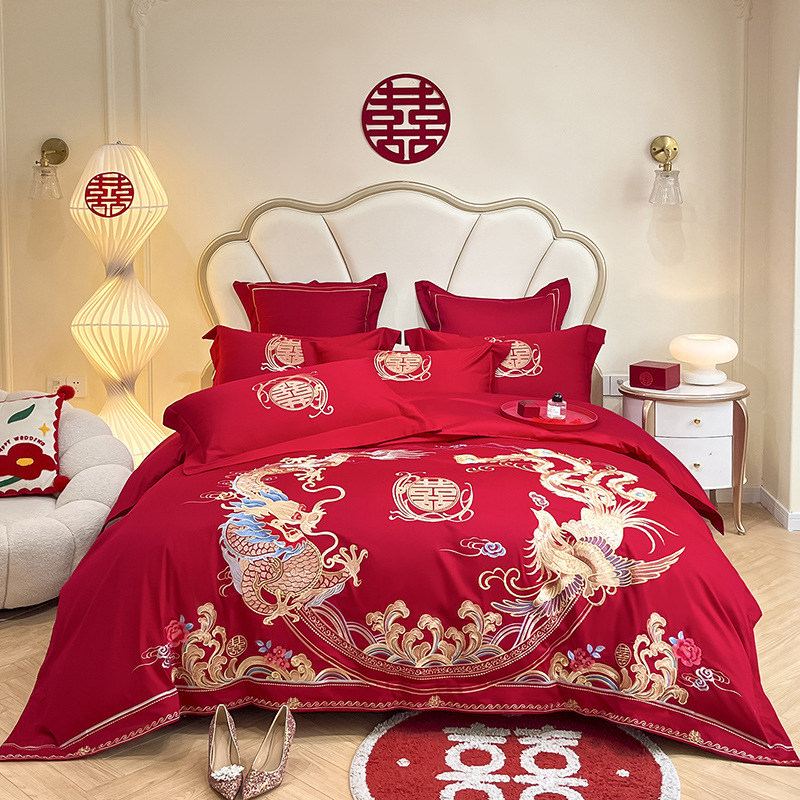 Picture of High-end European-style Wedding Four-piece Cotton Big Red Embroidered Sanding Quilt Cover Wedding Bedding Accompanying Wedding Room