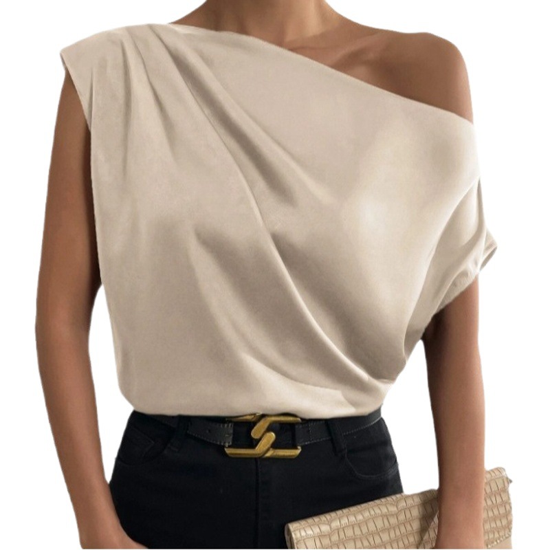 Picture of 2025 Spring Solid Color Satin Simulated Silk Irregular Sloping Shoulder One-Neck Pullover Sleeveless Shirt Women's European and American Clothing