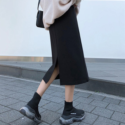 Black skirt women's spring and autumn slimming split mid-length plus size chubby girl high waist A- line one-step skirt summer fashion
