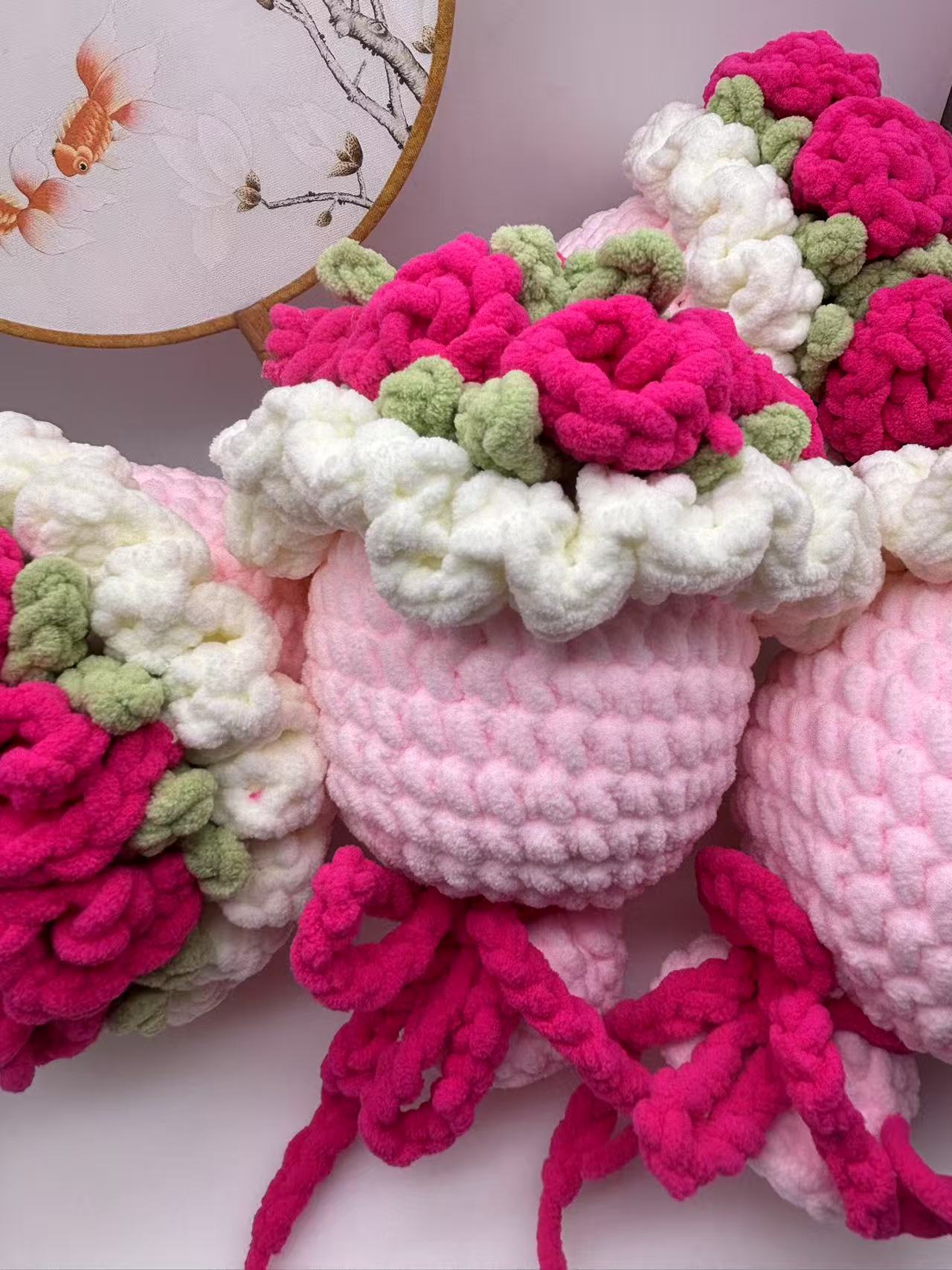 Picture of Hand-Knitted Ice Line Hand-Held Rose Bouquet Finished Product, Homemade Crochet Material as a Gift for Your Girlfriend on Goddess' Day