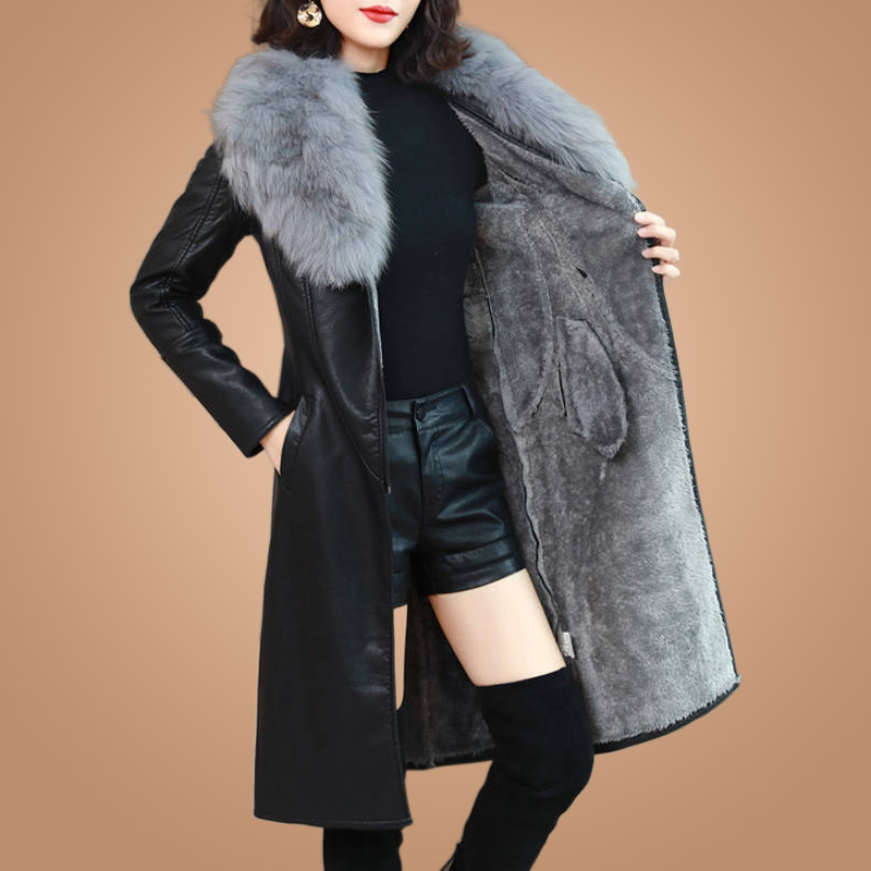Large fur collar winter leather coat for women fleece-lined thickened mid-length Korean style 2022 New plus size slimming waist-tight leather coat