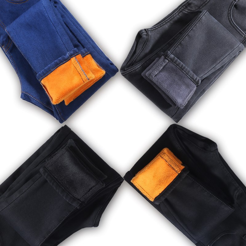 2024 Autumn and Winter Jeans Women's fleece-lined Pants High Waist Pencil Pants Korean Style Slim-fit Slimming Thickened Pencil Pants Women's Clothing