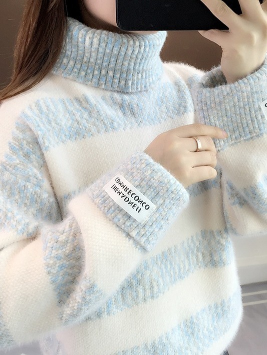 Women's sweater thickened winter 2024 new autumn and winter clothing turtleneck striped mink velvet top knitted bottoming shirt