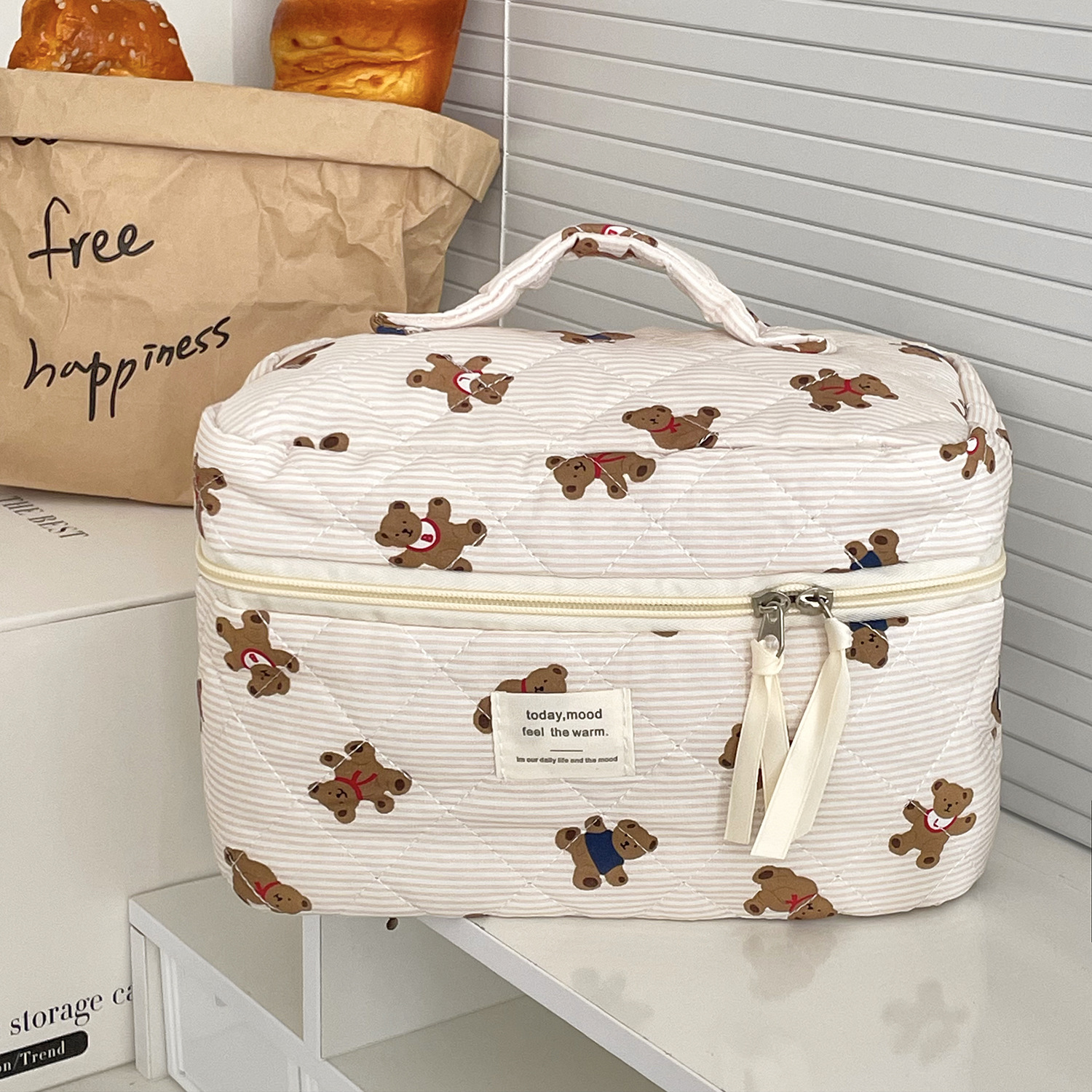 Picture of Cross-Border Pink Striped Bear Cosmetic Bag Student Portable Cute Cartoon Toiletry Bag Quilted Portable Storage Bag