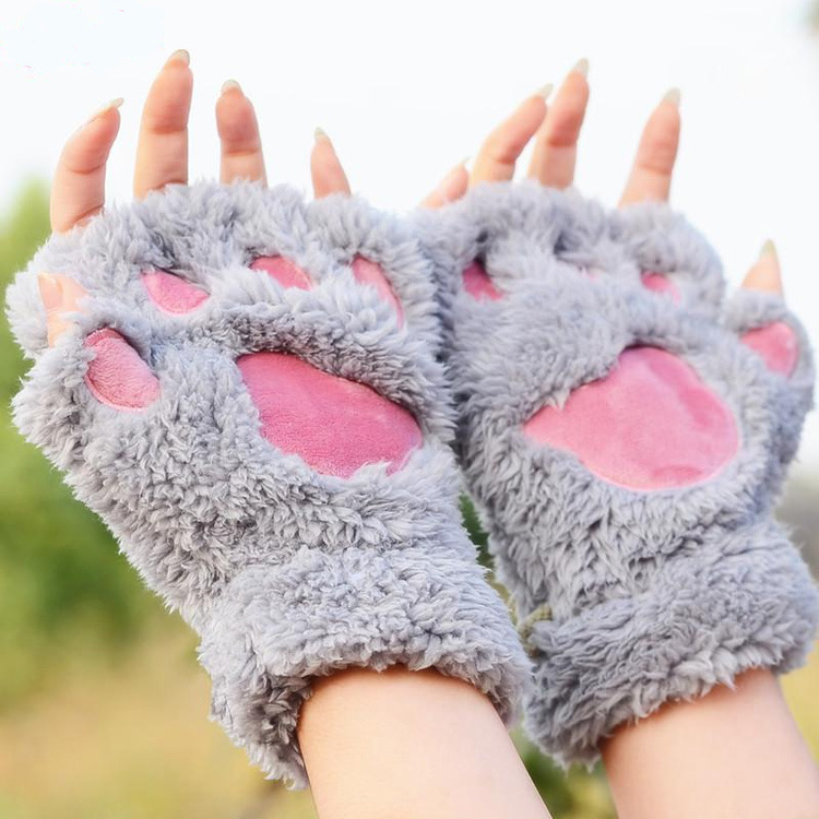 Winter Half-Finger Gloves Female Cat Cartoon Bear Paw Student Exposure Cat Claw Thickened Fluff Neck Warm Gloves