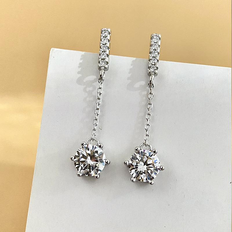 S925 Sterling Silver Earrings Inlaid with D-Color Moissanite, Tassel Six-Claw One-Carat Ear Thread Stone, Diamond-Encrusted Ethnic Style Earrings