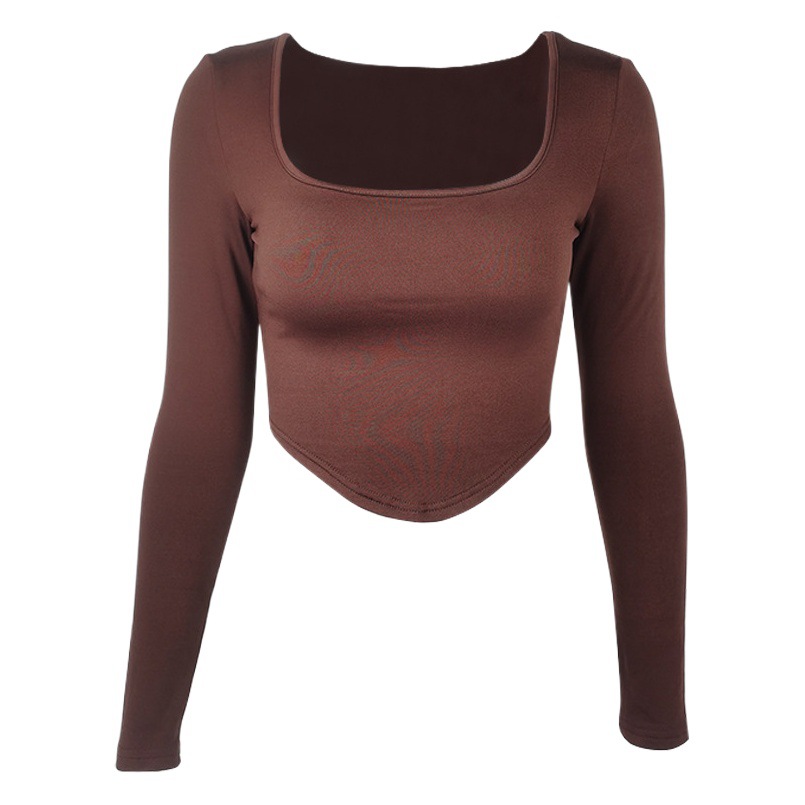 Foreign Trade Europe and the United States Short fleece-lined T-shirt Cross-border New Sexy Women's Long Sleeve Square Collar Navel Slim Top