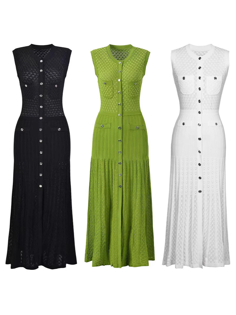 2025 Summer Cross-Border French New Style Single-Breasted Fashionable and Elegant Slim Knitted Dress Women's Long Skirt Sleeveless