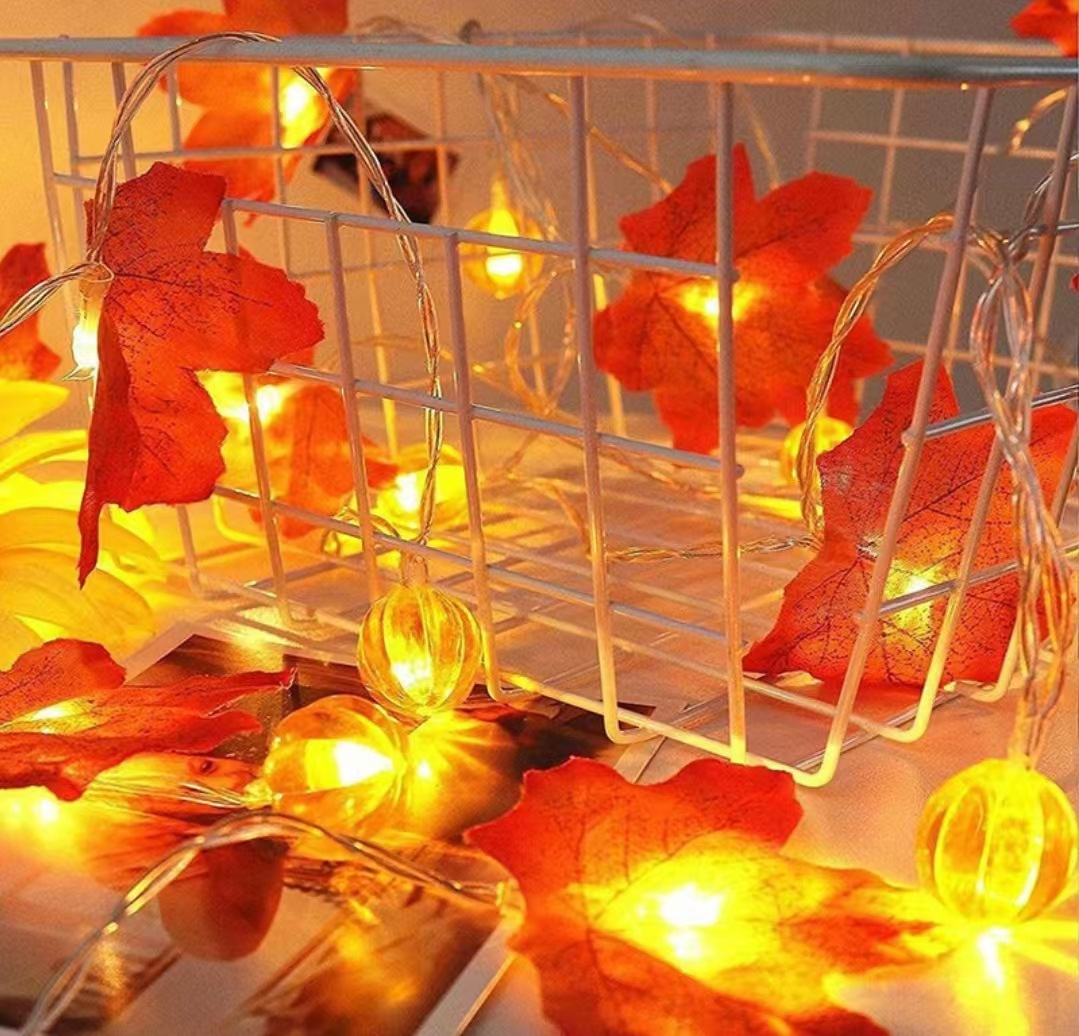 Picture of Autumn send cool maple leaf pumpkin atmosphere lamp room decoration outdoor fence hanging lamp LED lamp string
