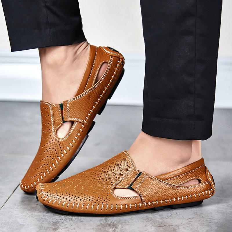 Foreign Trade Shoes Men's Trendy Shoes Summer Breathable Hollow-out Casual Leather Shoes Men's Slip-on Shoes Driving Sandals Driving
