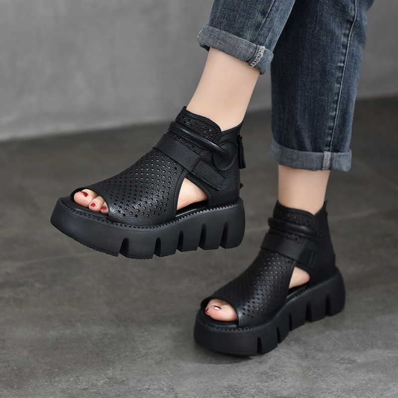 [Event Price 138] Women's Summer Thin Genuine Leather Retro Roman Sandals Cowhide Thick-Soled Fish Mouth Sandals for Women