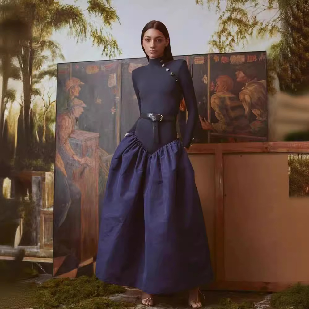 2024 European and American Autumn dress Long Sleeve Gradient Women's Long Women's Solid Color Cross-border Women's Long Skirt Clothes