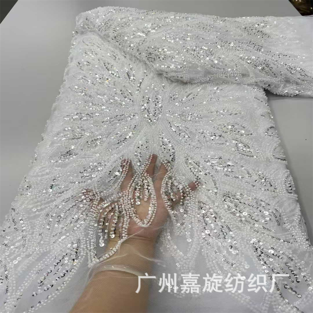 New White Sequin Beads Wedding Dress Fabric Phoenix Tail Large Flower Bridesmaid Fishtail Skirt Embroidered Cloth Wedding