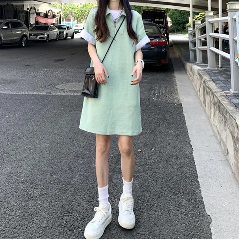 Picture of Japanese Girl's Mint Green dress Sense Niche Waffles Loose Straight Skirt Polo Collar Age-reducing Skirt