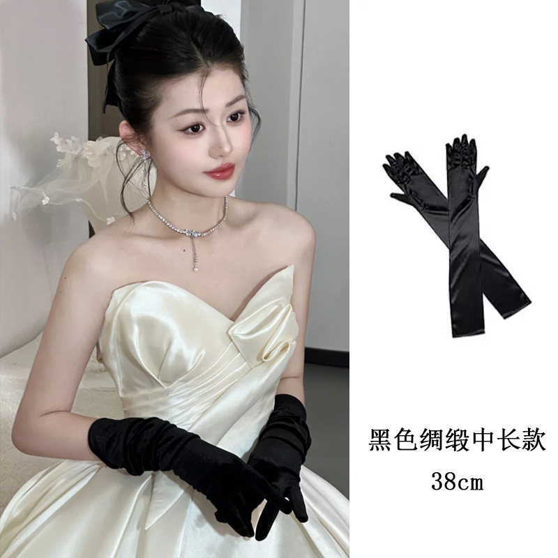 Bride Vintage Black Satin Velvet Gloves Long Bag Finger Evening Dress Banquet Photo Jewelry Hepburn Style Spandex