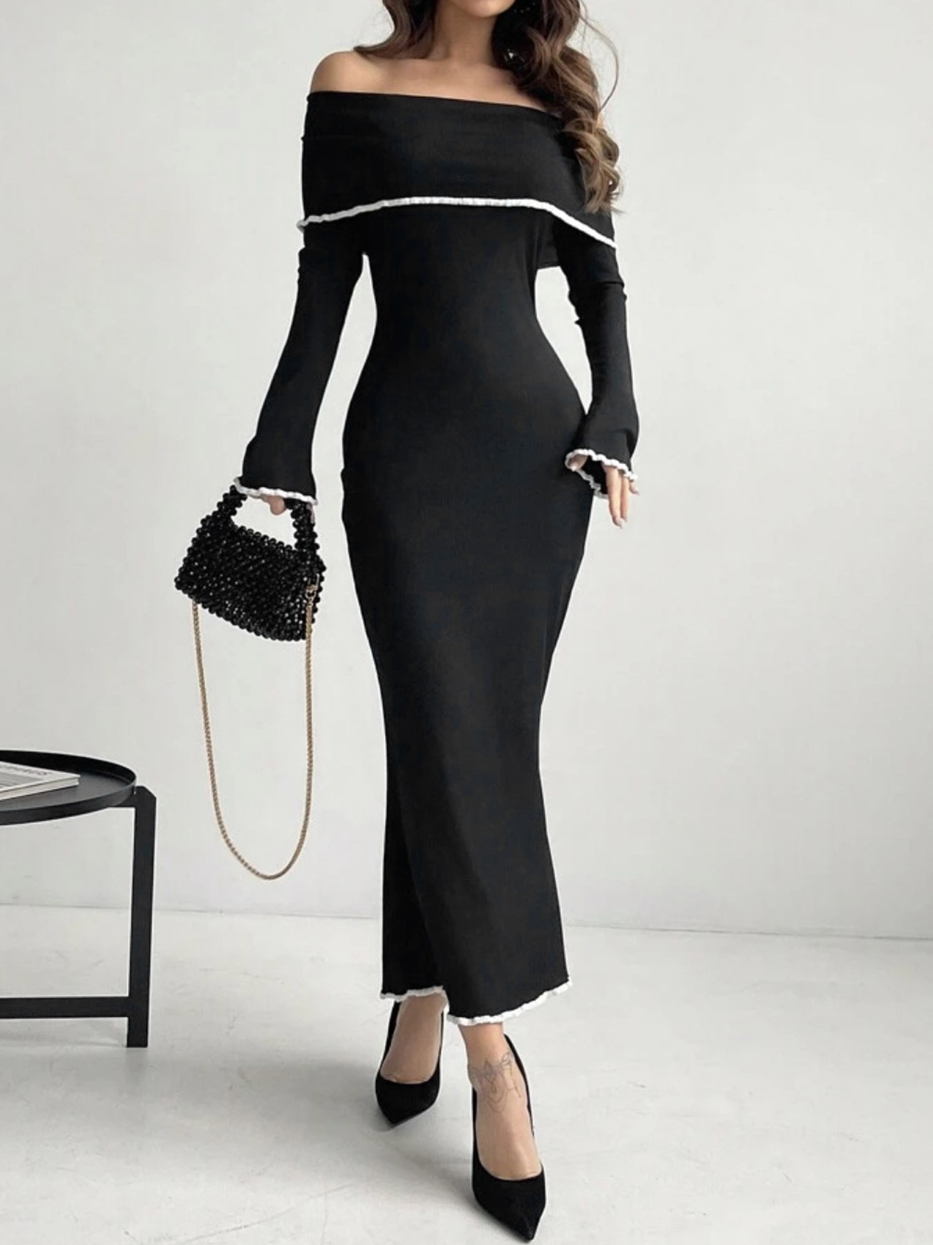 Foreign trade cross-border Europe and the United States Amazon source manufacturers sweater women's collar shoulder long sleeve dress spring and autumn