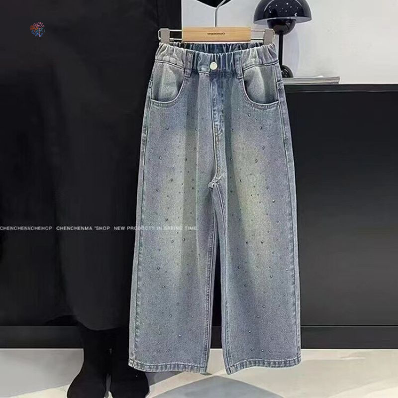 Picture of Girls' Rhinestone Jeans Spring and Autumn Style, Big Children's Spring Straight Narrow Pants, Girls' Spring Wide-Leg Loose Pants