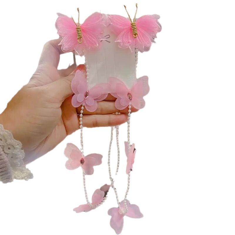 Picture of Little girl's new ancient style handmade butterfly pearl chain braided hairpin princess fairy head flower bead hair band headdress